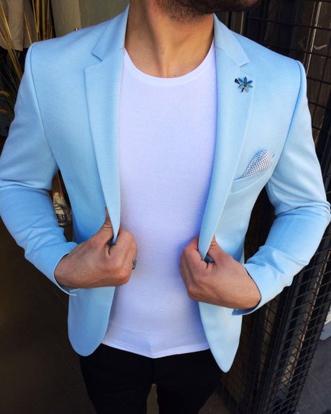 Sky Blue Blazer Outfit Men, Light Blue Blazer Outfit Men, Blue Blazer Outfit Men, Male Neck, Blue Blazer Men, Blue Blazer Outfit, Suit Length, Light Blue Blazer, Suits Groom