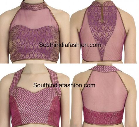 Halter Neck Brocade Net Blouse Designs Leaf Neck Blouse Design, Blouse Designs Net, Halter Neck Blouse Design, Net Blouse Designs, Halter Neck Blouse, Sleeveless Blouse Designs, Blue Blouse Designs, Netted Blouse Designs, Blouse Necklines