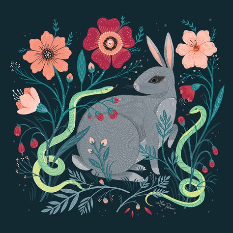 Illustration by Lisa Perrin | bunny | digital painting | animal art Lisa Perrin, Dark Botanical, Refinished Furniture, Snake Art, Pattern Inspiration, Bunny Art, Year Of The Rabbit, Naive Art, Illustration Inspiration