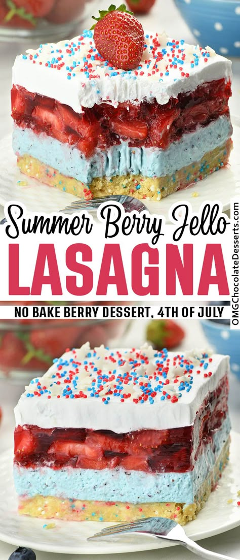 Summer Berry Jello Lasagna Jello Beach Dessert, Patriotic Jello Desserts, 4th Of July Jello Desserts, 4th Of July Desserts Cheesecake, Jello Lasagna, Fun Summer Desserts, Desserts Fourth Of July, Cheesecake Layer, Birthday Dessert