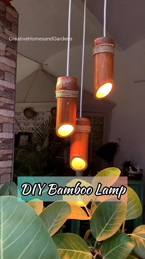 Difficulty: Easy     DIY Bamboo Lamp  • Bamboo wide enough to hold zero watt bulb  • Brown paint and gold paint  • Electric wire  • Wooden log to hang pendant lamp  • Drill machine to drill hole in the bamboo  • Zero watt bulbs Bamboo Art Diy, Diy Bamboo, Bamboo Diy, Bamboo House Design, Bamboo Decor, Bamboo Light, Bamboo Lamp, Bamboo Art, Bamboo House