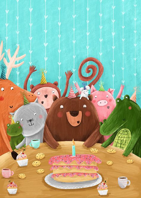 Aleksandra Szmidt - Illustrator Happy Birthday Animals, Birthday Cake Illustration, Book Birthday Parties, Cat Themed Birthday Party, Happy Birthday Illustration, Children's Book Characters, Cake Illustration, Birthday Illustration, Birthday Party Tables