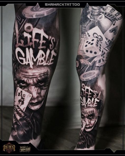 Realism Sleeve Tattoo, Tattoo Casino, Realism Sleeve, Full Leg Sleeve, Mens Full Sleeve Tattoo, Joker Card Tattoo, Gambling Design, Cards Tattoo, Leg Sleeve Tattoos