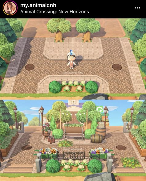 Plaza Path Animal Crossing, Residential Services Acnh, Plaza Acnh Ideas, Acnh Plaza Entrance, Acnh Plaza Idea Cottagecore, Plaza Ideas Acnh, Animal Crossing Plaza Path, Plaza Design Acnh, Acnh Island Builds