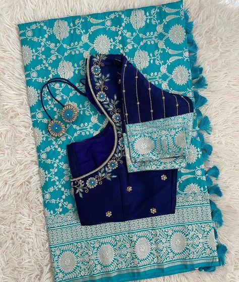 Ink Blue Blouse Designs, Bridal Saree Ideas, Pattu Sari Blouse Designs Latest, Banaras Saree Blouse Designs Latest, Pattu Blouse Designs Latest Without Work, Blue Saree Contrast Blouse, Latest Fancy Blouse Designs Patterns, Pattu Sarees Latest Collection, Maggam Work Blouse Designs Latest For Pattu Sarees