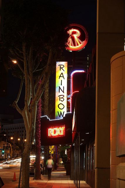 Like most clubs on the Sunset Strip, the Roxy has a grand and sordid past rich with Hollywood history. The Deco-style marquee isn’t as flamboyant as it once was, but the nearby pole sign and its animated R still rocks on. Sure, the Rainbow Bar and Grill's backlit plastic pole sign isn’t going to win any design awards, but c’mon, it’s a rainbow in West Hollywood. Photo by Joshua Barash. The Roxy Los Angeles, Rainbow Bar And Grill, The Sunset Strip, Rainbow Bar, Pole Sign, Sunset Blvd, Paradise City, Music Signs, Hollywood Photo