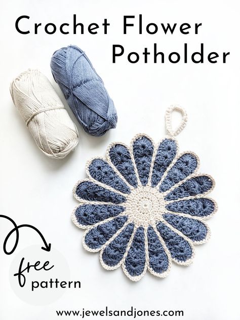 Free Crochet Flower Potholder Pattern | Jewels and Jones Crochet Granny Square Pot Holders, Crochet Flower Potholders Free Patterns, Crochet For Kitchen Ideas, Vintage Pot Holders, Crochet Flower Dishcloth Pattern Free, Crochet Flower Hot Pads Free Pattern, Pot Holders Crochet Pattern Free, Crochet Pot Holders Free Pattern Easy Potholders, Flower Pot Diy Ideas