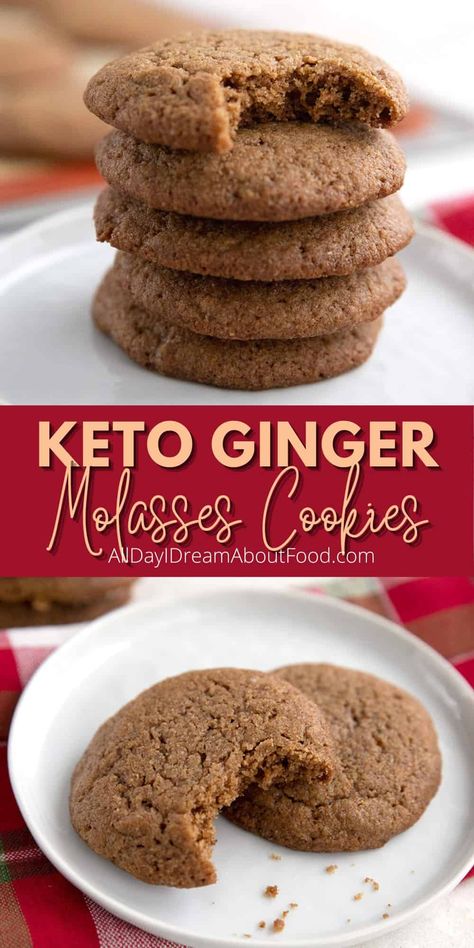 These Keto Ginger Molasses Cookies are a dream come true for cookie lovers. Thick, chewy, and with the perfect balance of sweet and spice, they always hit the spot. And only 2.3g of carbs per serving! Keto Ginger Molasses Cookies, Keto Molasses Cookies, Keto Ginger Cookies, Keto Gingerbread Cookies, Thm Cookies, Low Carb Gingerbread Cookies, Keto Gingerbread, Keto Christmas Cookies, Ginger Molasses