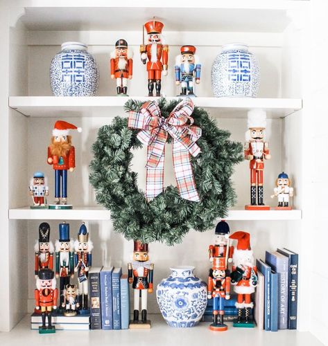 Rustic Nutcracker Decor, Nutcracker Kitchen Decor, Nutcracker Collection Display, Christmas Decor Built In Shelves, Nutcracker Display Ideas Christmas, Nutcracker Mantle Display, Christmas Nutcracker Display, How To Display Nutcracker Collection, Nutcracker Christmas Decorations Ideas