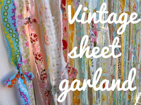 Scrappy vintage sheet garland Diy Streamer Decorations, Floating Crafts, Fabric Strip Curtains, Lace Backdrop, Backdrop Garland, Twins Bedroom, Homemade Wall Art, Hippy Bedroom, Diy Streamers