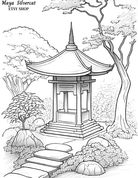 Chinese Castle Art, Shrine Drawing, Chinese Coloring Pages, Japanese Coloring Pages, Landscape Coloring Pages, Digital Coloring Pages, Japanese Shrine, Coloring Page For Adults, Japanese Drawings