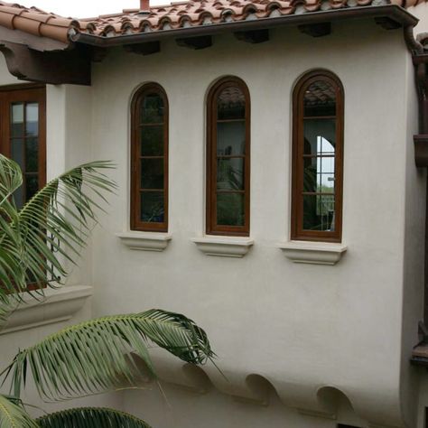 Spanish House Windows, Spanish Windows Exterior, Spanish Arches, Mediterranean Windows, Pop Out Window, Colonial Windows, Window Canopy, Window Trim Exterior, Mediterranean Style Homes