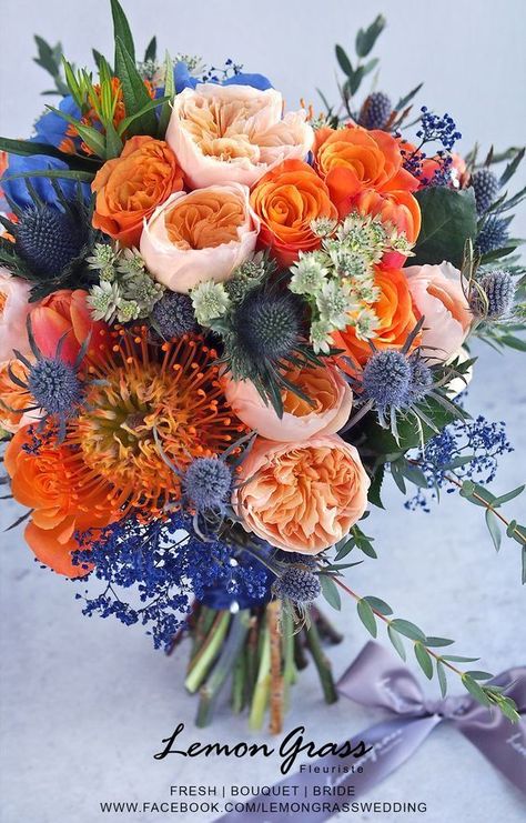 Royal Blue Complementary Colors, Fall Wedding Orange And Blue, Unique Wedding Color Schemes Fall, Orange And White Wedding Flowers, Colourful Wedding Bouquet, Royal Blue And Orange Wedding, Orange And Blue Wedding Colors, Bright Fall Wedding, Blue And Orange Wedding