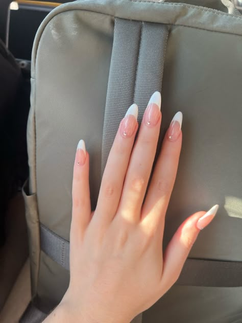 french tip inspo w gems Almond Shaped Nails With Gems, French Tip With Stones Nail Design, Alomd Nails Cute French, White French Tip With Jewels, French Tip White Almond, French Nails With Gems Rhinestones, French Tip Jewels, French Tip Nails With Crystals, French Tip With Gems Rhinestones