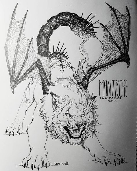 Manticore Tattoo Design, Fantasy Creatures Tattoo, Dark Animal Drawings, Mythical Beast Tattoo, Hybrid Monster Art, Manticore Drawings, Mithical Creachers Drawing, Mythological Creatures Tattoo, Scary Creatures Drawings