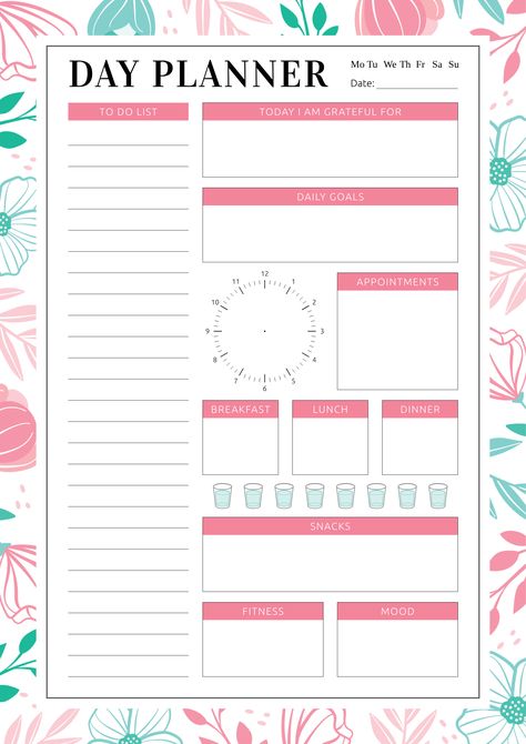 Beautiful daily planner template with blossom flowers in pink and blue colors Sections available in this template: To Do list Today I'm Grateful for, Daily Goals, Appointments with Clock face, Menu, Water Traker Snacks, Fitness, Mood  #dayplan #bestdailyplanner #todolist #printables #planning Printable Day Planner, Daily Planner Pdf, Best Daily Planner, Day Planner Template, Daily Planner Printables Free, Study Planner Printable, To Do Planner, Weekly Planner Template, Daily Planner Pages