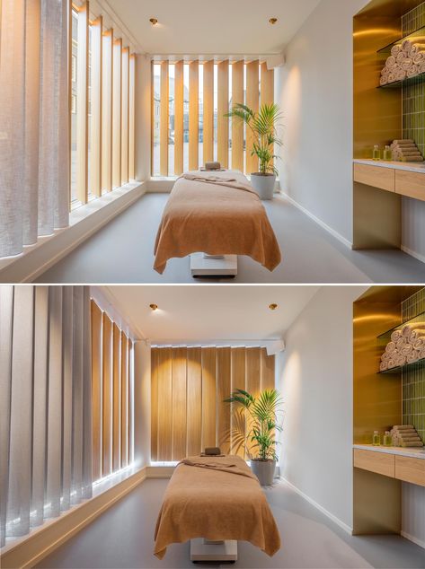 Undulating Wood Walls Create A Sense Of Calm Inside This Massage Boutique Massage Room Floor Plan, Sneakers 2022, Curved Bench, Wood Walls, Curved Wood, Curved Walls, Massage Room, Concrete Design, Upholstered Bench