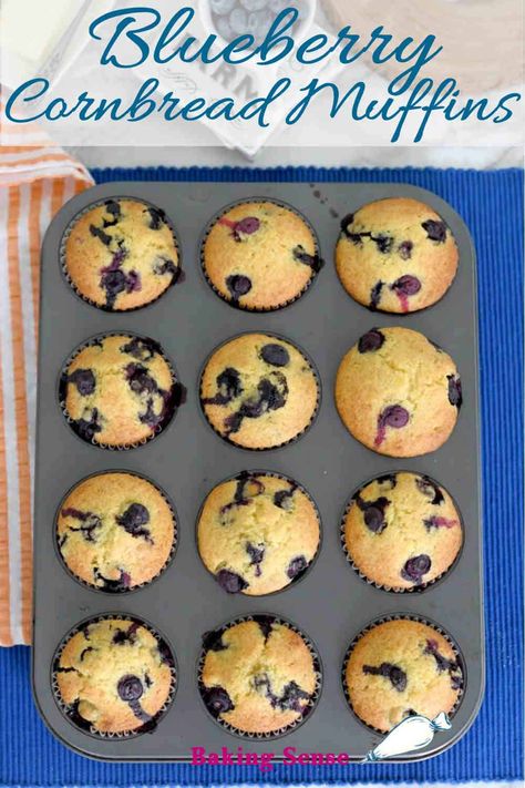 Blueberry Cornbread Muffins, Baking With Cornmeal, Blueberry Lemon Cornbread, Cornbread With Blueberries, Blue Corn Muffins Recipe, Healthy Cornmeal Muffins, Corn Blueberry Muffins, Blueberry Cornmeal Muffins, Blueberry Corn Muffins