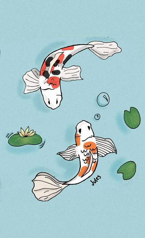 Koi Fish Poster Aesthetic, Koi Fish Doodle, Water Bottle Art, Draw Reference, Koi Fish Drawing, Fish Wallpaper, Two Fish, Fish Drawings, Fish Swimming