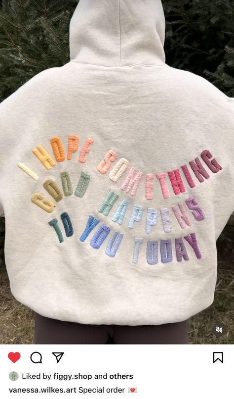 Diy Hoodie Iron On Ideas, Sweatshirt Designs Embroidery, Sweatshirt Merch Ideas, 2023 Graphic Tee Trends, Black Hoodie Embroidery Ideas, Diy Custom Sweatshirt, Words To Embroider, Cute Crew Neck Sweatshirts, Iron On Hoodie Ideas