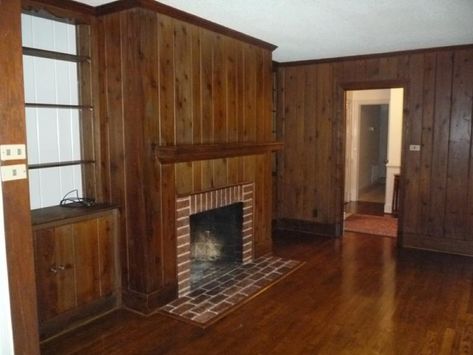 paint wood paneling before and after pictures | Painted Paneling B Photos! 1930s Wood Panelling, 1930s Panelling, Real Wood Paneling, Paneled Den, Painting Paneling, Wood Paneling Makeover, Knotty Pine Paneling, Pine Paneling, Paneling Makeover