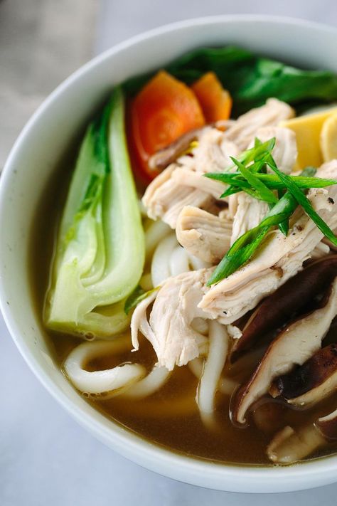 Chicken Udon Soup with Bok Choy - Each bowl is packed with protein, vegetables, and Asian noodles in a savory soy ginger broth. A simple and quick meal on chilly days! | jessicagavin.com Chicken Udon Noodle Soup, Chicken Udon Soup, Udon Soup Recipe, Chicken Udon Noodles, Ginger Broth, Soup Asian, Chicken Udon, Udon Noodles Recipe, Protein Vegetables