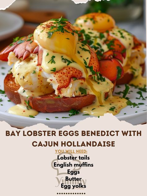 🦞 Treat yourself to Bay Lobster Eggs Benedict with Cajun Hollandaise for a decadent brunch! 🦞✨ #BrunchLovers #SeafoodRecipes Bay Lobster Eggs Benedict with Cajun Hollandaise Ingredients: Lobster tails, cooked and chopped (2) English muffins, split and toasted (2) Eggs (4) Butter (1/2 cup) Egg yolks (2) Lemon juice (1 tbsp) Cajun seasoning (1 tsp) Salt (1/2 tsp) Fresh parsley, chopped (for garnish) Instructions: In a saucepan, melt butter and whisk in egg yolks, lemon juice, and Cajun seas... Lobster Benedict, Lobster Eggs, Egg Benedict, Seafood Meals, Lobster Tails, Meals Ideas, English Muffins, Fresh Recipes, Egg Muffins