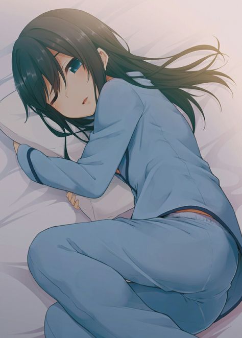 Hug In Bed, Lips Pillow, Anime Hug, Parted Lips, Hug Pillow, Swept Bangs, Girls With Black Hair, Girl Sleeping, One Eye