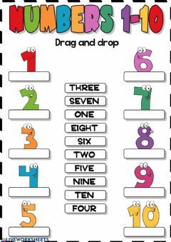 Numbers 1-10 (Drag and drop) Language: English Grade/level: Elementary School subject: English as a Second Language (ESL) Main content: Numbers Other contents: Number Words Worksheets, Math Addition Worksheets, English Worksheets For Kindergarten, French Worksheets, English Activities For Kids, French Kids, The Worksheet, Learning English For Kids, English Worksheets For Kids