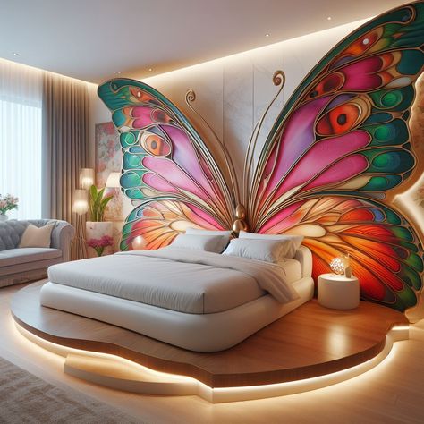 Butterfly Inspired Bed Butterfly Bedroom, Loft Inspiration, Modern Bedroom Interior, Standard Bed, Unique Beds, Butterfly Theme, Make Your Bed, House Architecture Design, Complementary Colors