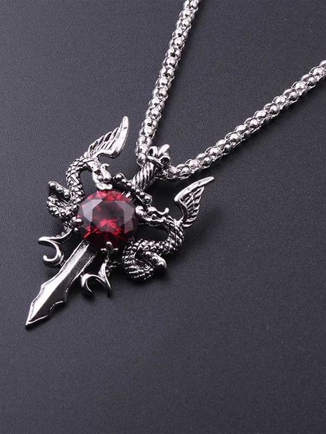 Men Animal & Sword Charm Necklace Red Pendant Necklace, Gothic Dragon, Normal Girl, Red Pendants, Dragon Necklace, Gothic Necklace, Dragon Jewelry, Red Necklace, Long Chain Necklace