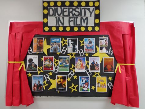 Resident Assistant Bulletin Board -Diversity. Showcasing movies that highlight overcoming stereotypes and overall embrace diversity-movie film themed with a marquee and all! RA Diversity Events Ideas, Ra Movie Theme Bulletin Boards, Gsa Bulletin Board Ideas, Cultural Diversity Bulletin Board, Movie Bulletin Boards, Diversity Bulletin Board, Ra Programming, Resident Assistant Bulletin Boards, Ra Themes