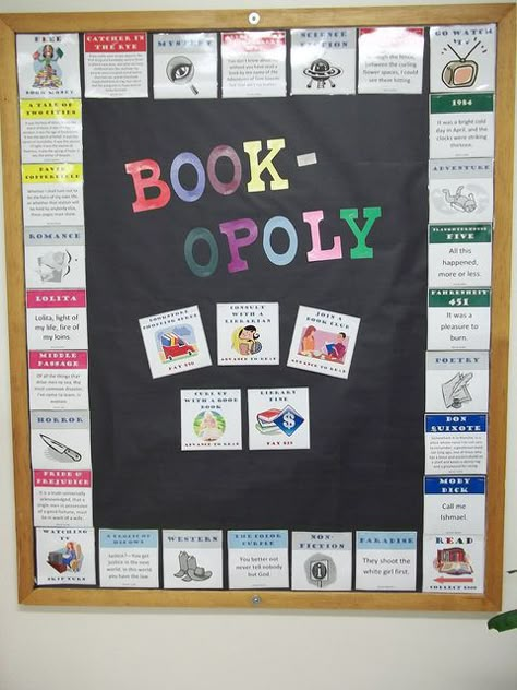 Book-opoly - I'd rather have a giant game board on the floor. The game squares would have book/reading suggestions. Whenever someone stopped on a square and looked down, they'd be encouraged to do as the game told them. Bulletin Boards Ideas, Literacy Classroom, Work Incentives, School Library Displays, Teen Library, Library Bulletin Board, Middle School Libraries, Reading Bulletin Boards, Library Book Displays