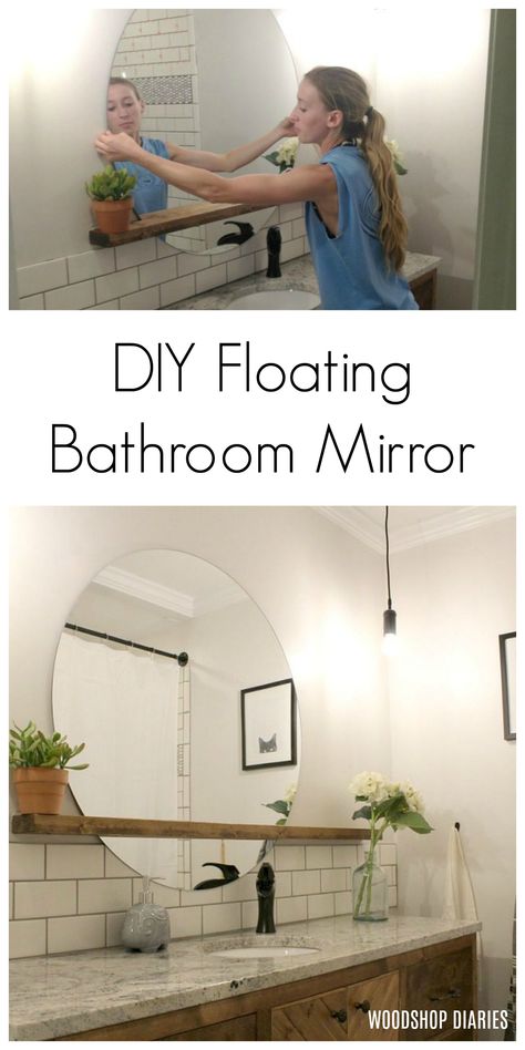 This simple tutorial shows you how to create your own round DIY floating mirror perfect for a bathroom, entryway, living room, etc. All you need is a mirror and a 2x4! Diy Bathroom Mirror With Storage, Floating Shelf Under Bathroom Mirror, Shelf In Front Of Mirror, Floating Mirror Diy, Circle Mirror And Floating Shelves, Big Mirror Small Bathroom, How To Make A Round Mirror Frame, Floating Bathroom Mirror, How To Hang A Round Mirror On The Wall