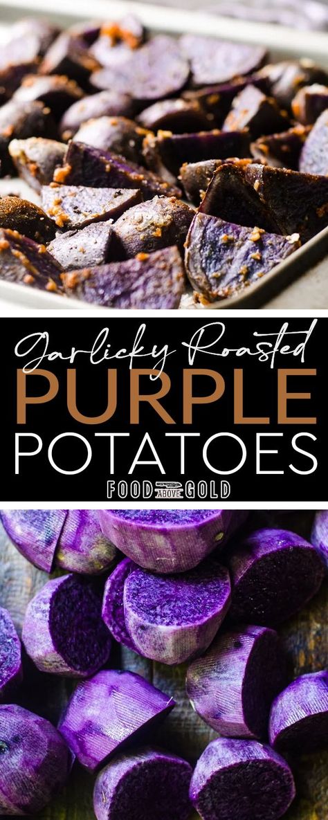 These garlicky roasted purple potatoes are the perfect gluten free side dish. Serve them with breakfast or dinner to complete a meal! This garlicky roasted purple potatoes recipe is so simple to make. Just toss them with the paprika, garlic, salt in pepper in a large bowl and bake on a baking sheet 25 minutes. Then you have an excellent and colorful side dish. | @foodabovegold How To Cook Purple Potatoes, Roasted Purple Sweet Potatoes, Purple Potato Recipe, Purple Potatoes Recipe, Roasted Purple Potatoes, Purple Potato Recipes, Lavender Latte Recipe, Gluten Free Side Dish, Gluten Free Side