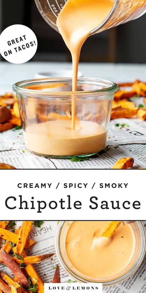 Creamy Chipotle Sauce Recipe - Love and Lemons Creamy Chipotle Sauce Recipe, Creamy Chipotle Sauce, Vegan Nachos Cheese, Chipotle Sauce, Adobo Sauce, Potato Fries, Homemade Sauce, Sweet Potato Fries, Love And Lemons