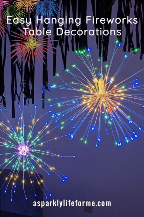 Quick and Easy Hanging Fireworks Table Decorations - perfect for Fourth of July! Diy Fireworks Decoration, Bonfire Night Food, How To Make Fireworks, Indoor Fireworks, Is It Just Me, Memorial Day Weekend, Magical Wedding, 4th Of July Party, July Party