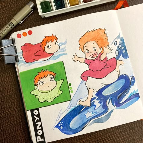 Ponyo Drawings Sketch, Ponyo Watercolor, Ponyo Sketch, Ponyo Drawings, Ponyo Painting, طابع بريدي, Studio Ghibli Art, Ghibli Art, Arte Sketchbook