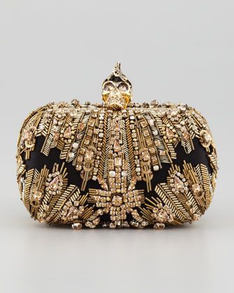 Alexander McQueen Crystal-Embroidered Punk Skull Clutch Bag, Gold Alexander Mcqueen Purse, Alexander Mcqueen Handbags, Alexander Mcqueen Clutch, Skull Handbags, Skull Purse, Gold Clutch, It Bag, Gold Handbags, Box Clutch