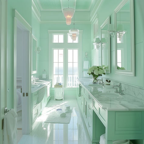 Mint Green Coastal Bathroom Green Coastal Bathroom, Sea Foam Green Bathroom, Charleston Bathroom, Seafoam Bathroom, Green House Aesthetic, Mint Green Bathroom, Seafoam Green Bathroom, Mint Green Outfits, Mint Bathroom