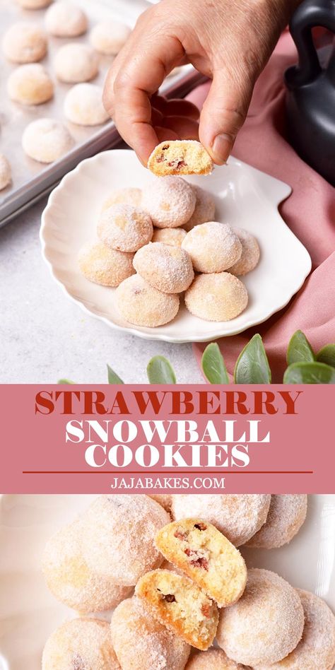 These Strawberry Snowball Cookies have such a strong sweet and tangy strawberry flavor thanks to the freeze-dried strawberries. They are perfect for holidays and the beautiful pink color makes them suitable for Valentine's Day! Strawberry Snowball Cookies, Dried Strawberry Cookies, Freeze Dried Strawberry Cookies, Freeze Dried Strawberry Recipes, Classic Snowball Cookies, Dried Fruit Recipe, Strawberry Snacks, Mixer Recipes, Milk Baby