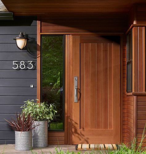 Rejuvenation black and wood house exterior Black And Wood House Exterior, Mid Century Modern Deck, Deck House, Modern House Numbers, Creek House, Modern Deck, Deck Colors, Modern House Number, House Deck