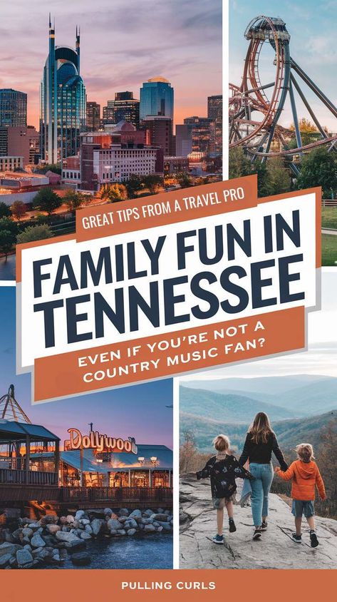 A pinterest pin with great images from Nashville, Pigeon Forge, and the Smokies in Tennessee. The title is "Family fun in Tennessee" and the subtitle is "Even if you're NOT a big country music fan?". The images include the Nashville skyline, Dollywood amusement park in Pigeon Forge, and a family hiking in the Smokies. The text is in bold and creative lettering. The site name is Pulling Curls®. Family Vacation Tennessee, Tennessee Nature, Places To Visit In Tennessee, Tennessee Family Vacation, Tennessee Attractions, Nashville Museums, Visit Tennessee, Things To Do In Gatlinburg, Tennessee State Parks