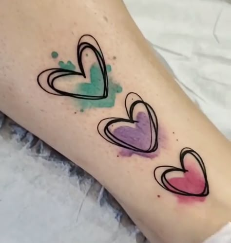 Birthstone Color Tattoo Ideas, Watercolor Hearts Tattoo, Heart Tattoo With Color, Family Birthstone Tattoo, Tiny Watercolor Tattoo, Birthstone Tattoo Ideas Families, Birthstone Tattoos, Color Heart Tattoo, Purple Heart Tattoo