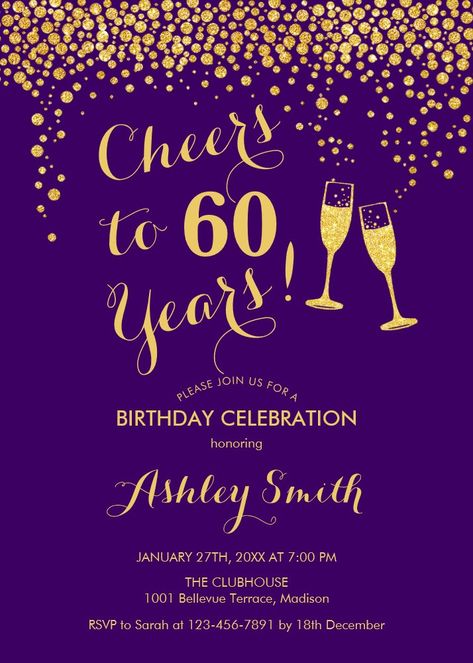 60th Birthday - Cheers To 60 Years Gold Purple Invitation Cheers To 60 Years, Cheers To 30 Years, Elegant Birthday Invitations, 30th Birthday Party Invitations, Purple Invitations, Forty Birthday, 60th Birthday Invitations, Thirty Birthday, Birthday Cheers