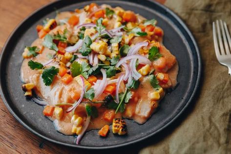 Tigers Milk Ceviche — Farm to Fork Charred Corn, Farm To Fork, Ceviche Recipe, Roasted Sweet Potato, Fish Stock, Corn Kernel, White Fish, Juice Plus, Coriander Leaves