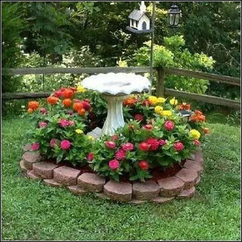 Island With A Bird Bath Centerpiece Spring Flower Arrangements Diy, Spring Gardening, Spring Flower Arrangements, Garden Flower Beds, Garden Floor, Bird Bath Garden, Front Yard Garden Design, Flower Garden Design, Diy Backyard Landscaping