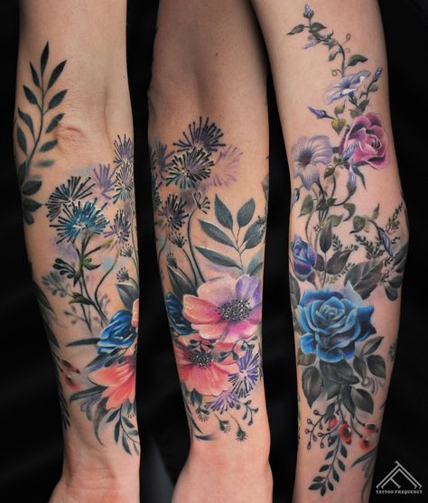 Nature Tattoo Sleeve Women, Natur Tattoo Arm, Floral Arm Tattoo, Colorful Flower Tattoo, Nature Tattoo Sleeve, Marvel Tattoos, Cat Tattoos, Vine Tattoos, Floral Tattoo Sleeve