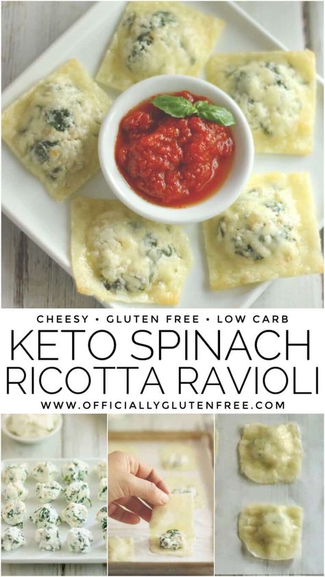 Keto Ravioli Recipe Mozzarella, Spinach Ravioli Recipe, Ravioli Dishes, Spinach Ricotta Ravioli, Cheese Ravioli Recipe, Gluten Free Ravioli, Keto Entrees, Keto Pasta Recipe, Keto Spinach