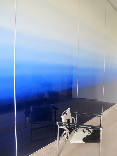 Reese Studio - Blue Gradient wall screen Ombre Blue Wall, Blurred Glass Door, Blue Gradient Painting, Gradient Window Film, Blue Ombre Wallpaper Living Room, Gradient Mirror, Wall Screen, Hotel Barcelona, Gradient Wall